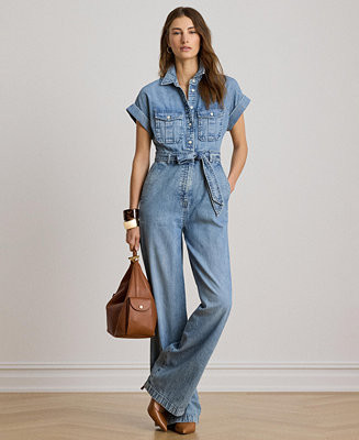 Women's Spread Collar Belted Denim Wide-Leg Jumpsuit | Macy's