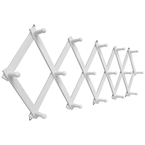 SCUNDA Accordion Wall Hanger with 16 Hooks, Wooden Coffee Mug Rack for Wall, Expandable Accordion Hook Rack Wall Mounted for Mug, Tea Cup, Purse,Coat, Hat, Cap(White) | Amazon (US)