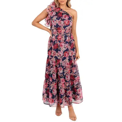 Petal & Pup Layley One-Shoulder Floral Chiffon Maxi Dress in Navy Floral at Nordstrom, Size Small | Nordstrom
