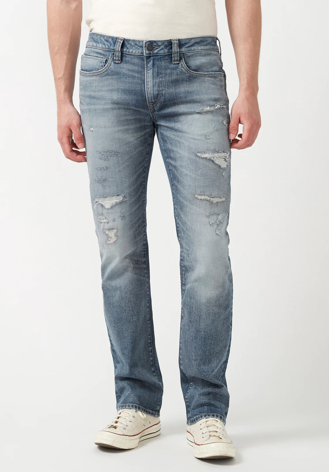 Straight Six Men's Jeans in Distressed and Whiskered Light Blue - BM22901 | Buffalo David Bitton