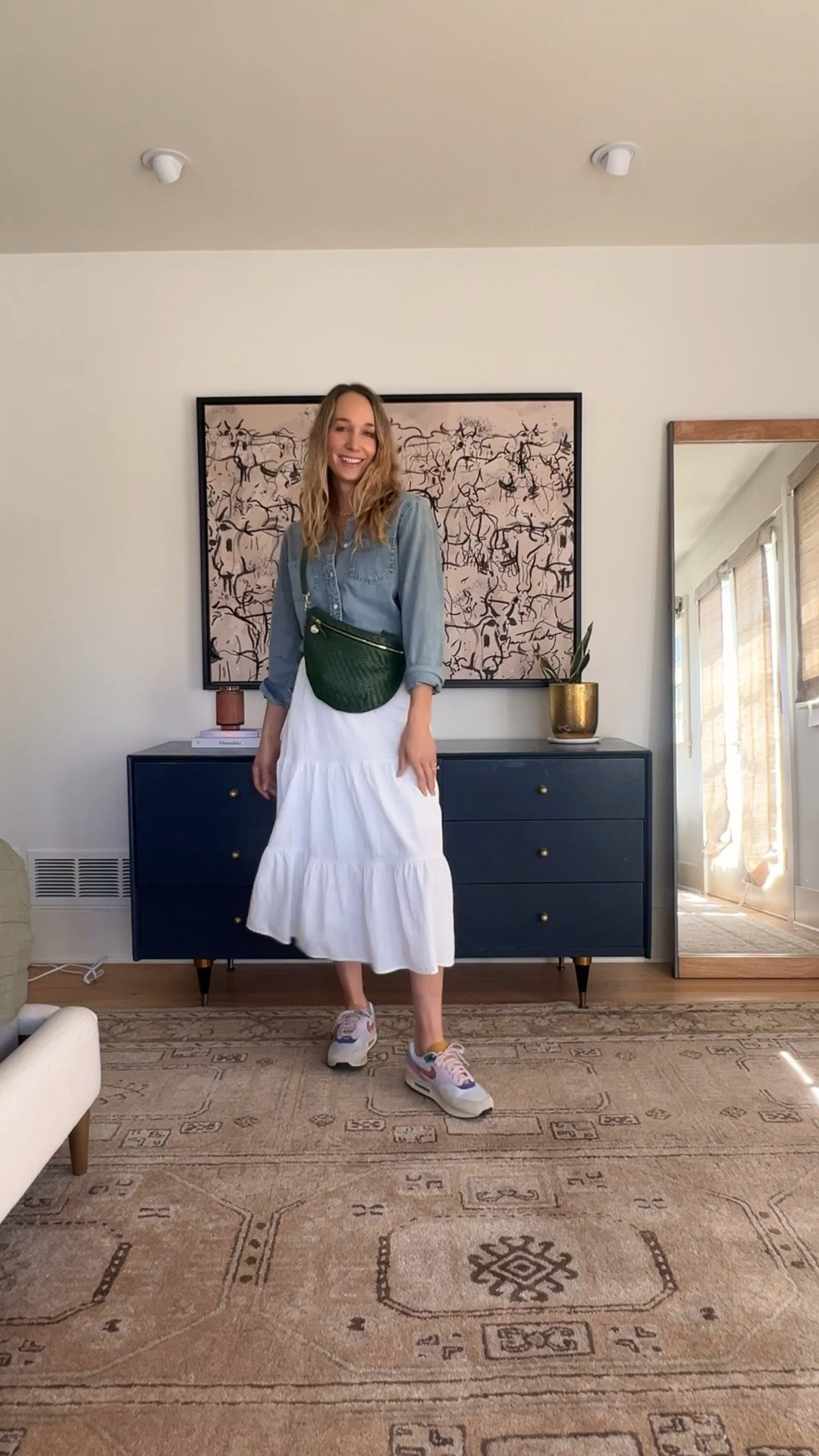 Denim shirt, white flowy skirt, Nike sneakers, colorful sneakers, green bag, Clare v, spring outfit ideaa

#LTKShoeCrush #LTKSeasonal #LTKItBag