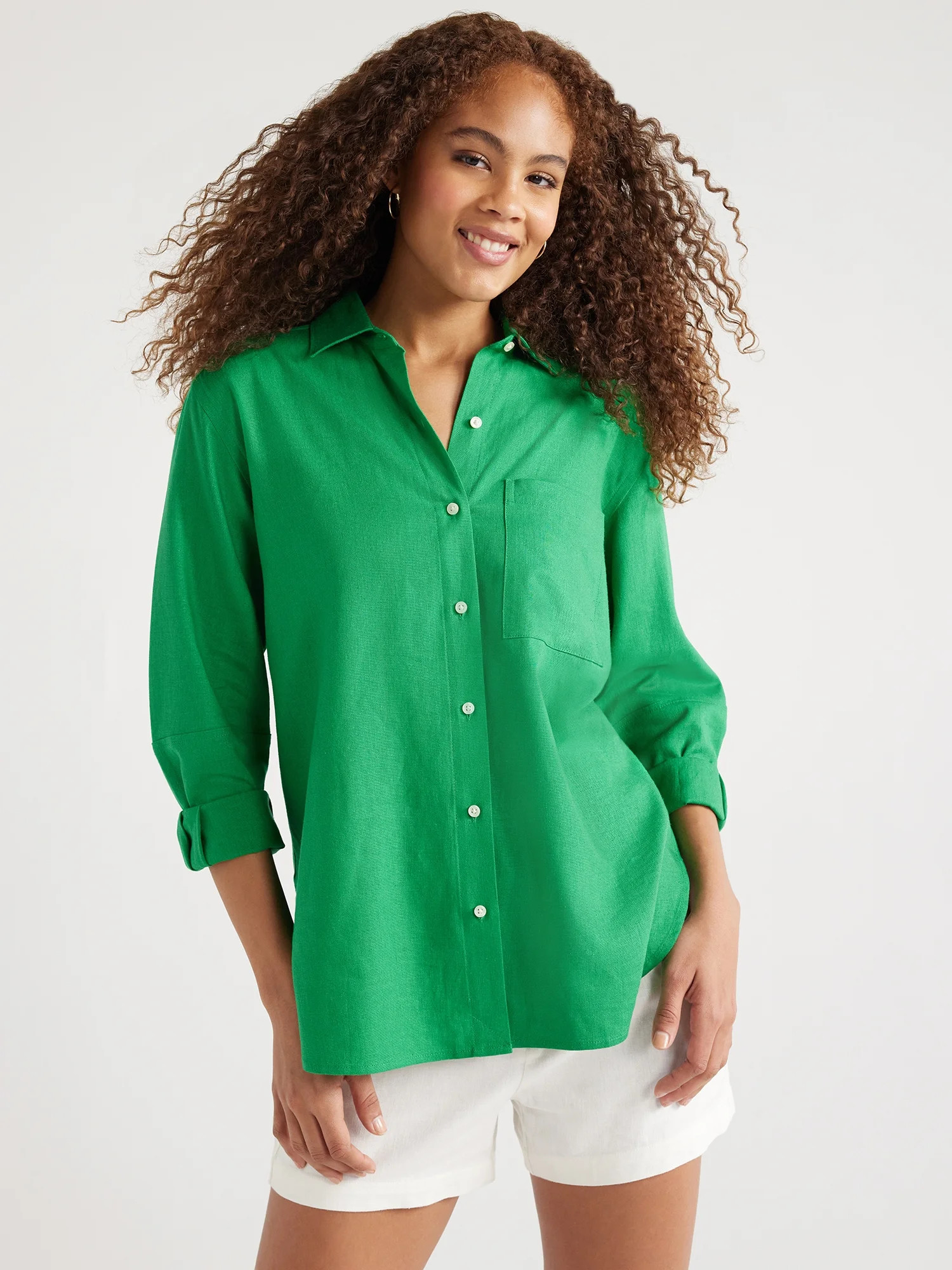 Free Assembly Women’s Boxy Button-Down Tunic Top with Long Sleeves, Sizes XS-XXL | Walmart (US)