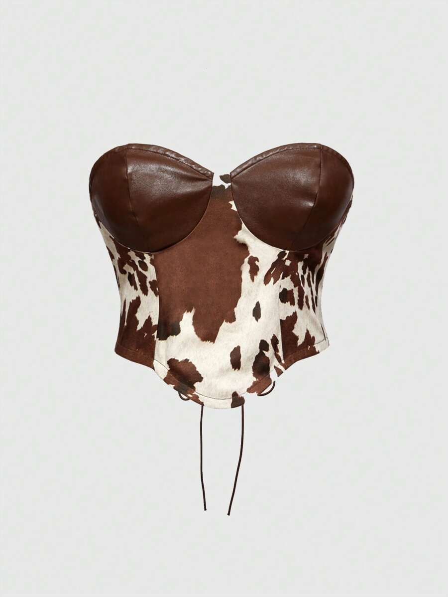 ROMWE Hippie Spring/Summer Vintage Western Wild Girl Cow Print Patchwork PU Women Blouse | SHEIN