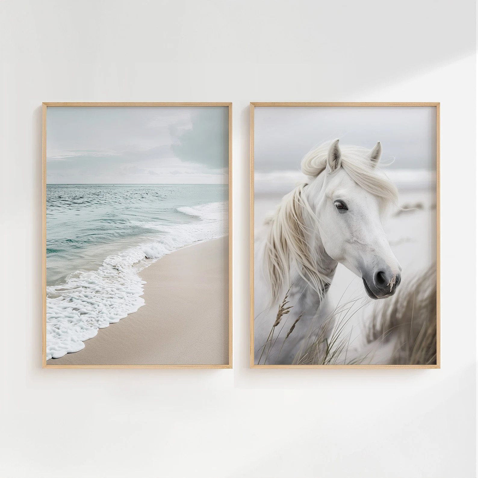 Neutral Beach and Horse Print Set of 2 Wall Art, Boho Decor Coastal Wall Art Print Minimalist Wal... | Etsy (US)