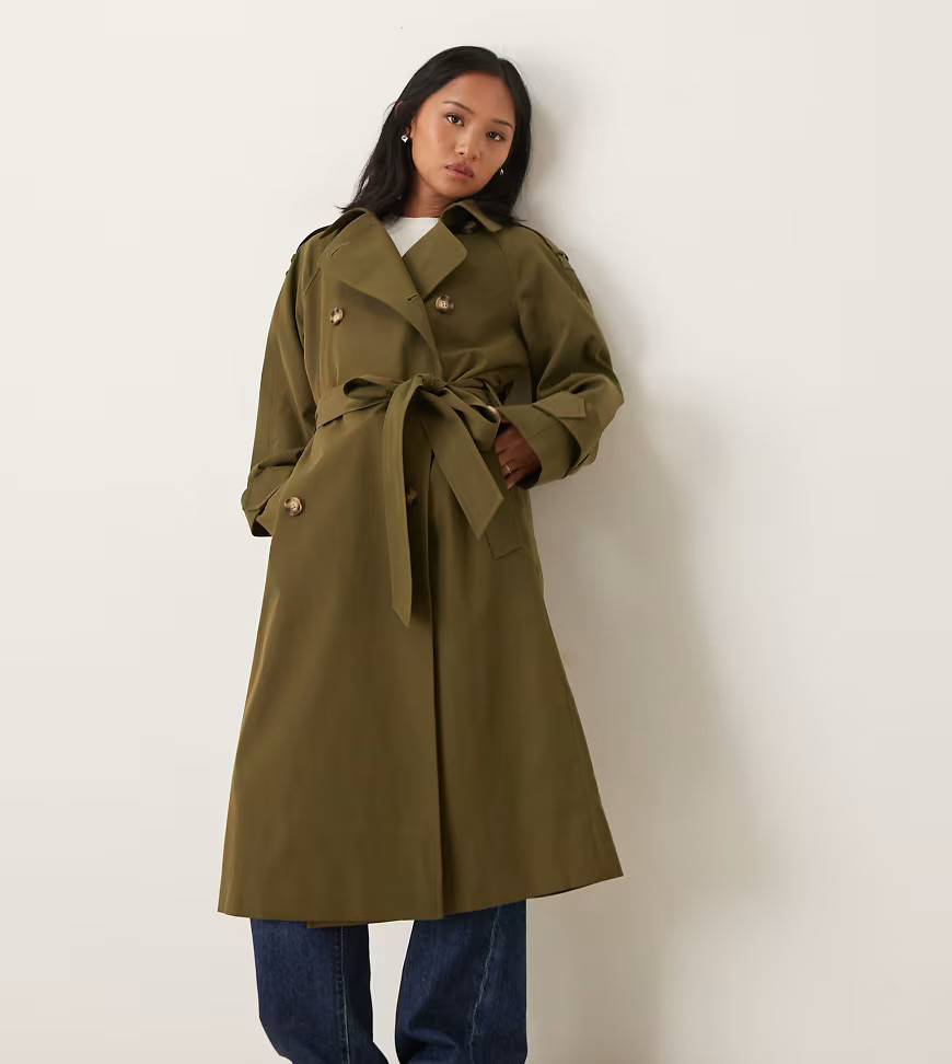ASOS DESIGN Petite longline trench coat in olive-Green | ASOS (Global)