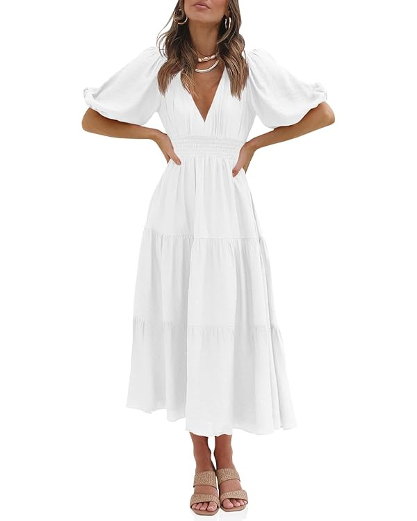 Tankaneo Women's Deep V Neck Puff Half Sleeve Midi Dress Summer Tiered A Line Boho Long Maxi Dres... | Amazon (US)