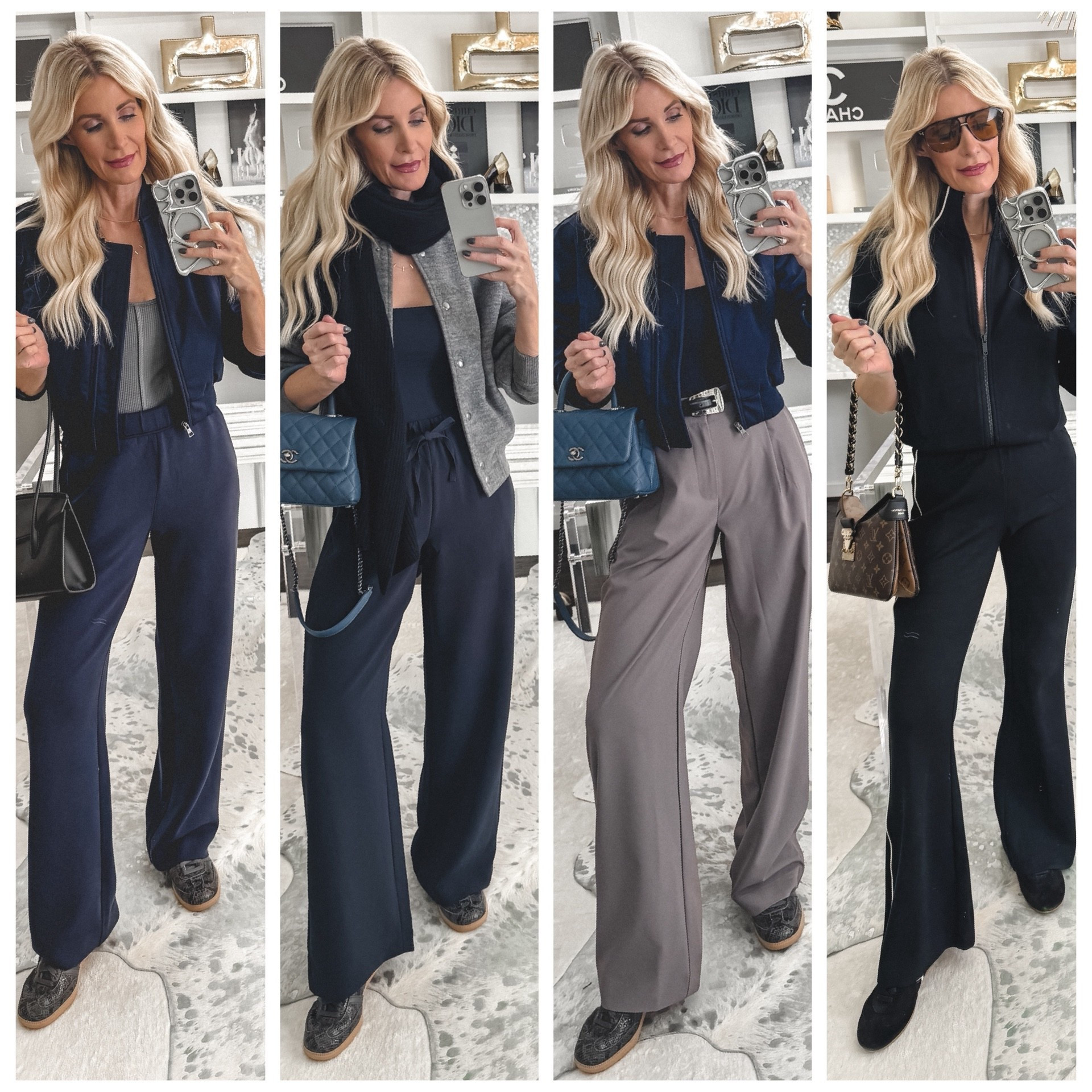I’ve been getting so many requests for casual outfits, so here are five fabulous everyday looks that are comfortable and chic. ✨
Yes — style at 52 can be easy and elevated.

Look 1- Aritzia blue pants + Madewell gray bomber (elastic waist = travel perfect).
Look 2- Beyond Yoga gray pants + navy cropped bomber.
Look 3- Matching navy set with the same cropped bomber — such a good look.
Look 4- Spanx (on sale 👀) black flare pants with a white stripe + matching track jacket — so leg-lengthening.

Everything is super comfortable, runs true to size, and I’m wearing an XS in all pants and jackets.

Which look is your favorite?



#LTKootd #LTKdayinmylife #LTKOver40