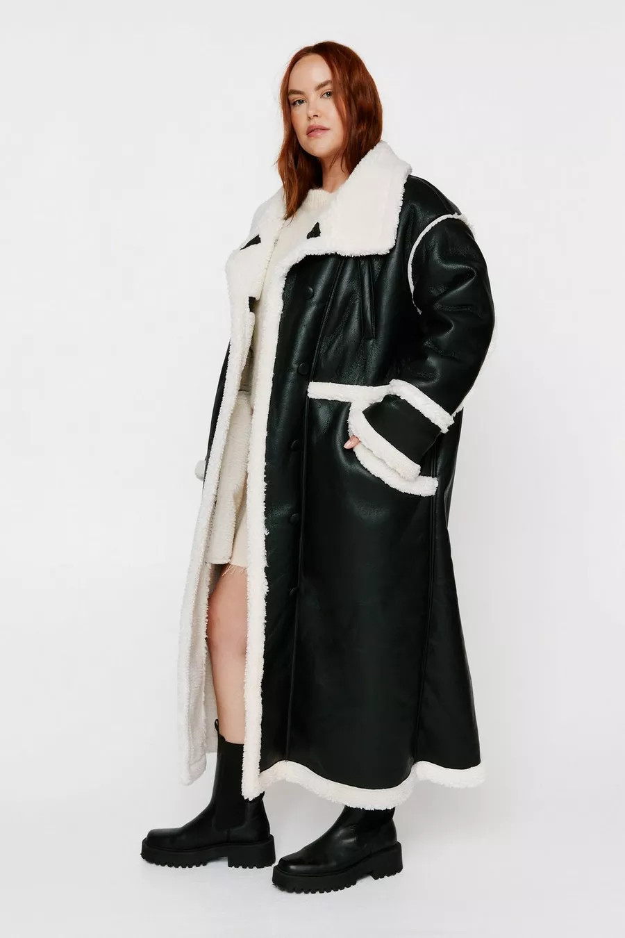 Plus Size Longline Faux Leather Bonded Aviator Coat | Nasty Gal US