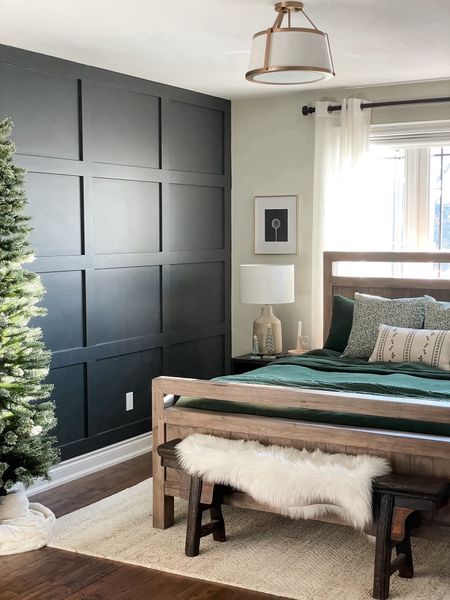 Christmas bedroom decor. Green bedding. Concrete look Lamp and semi flush mounted brass light. 

#LTKHoliday #LTKhome