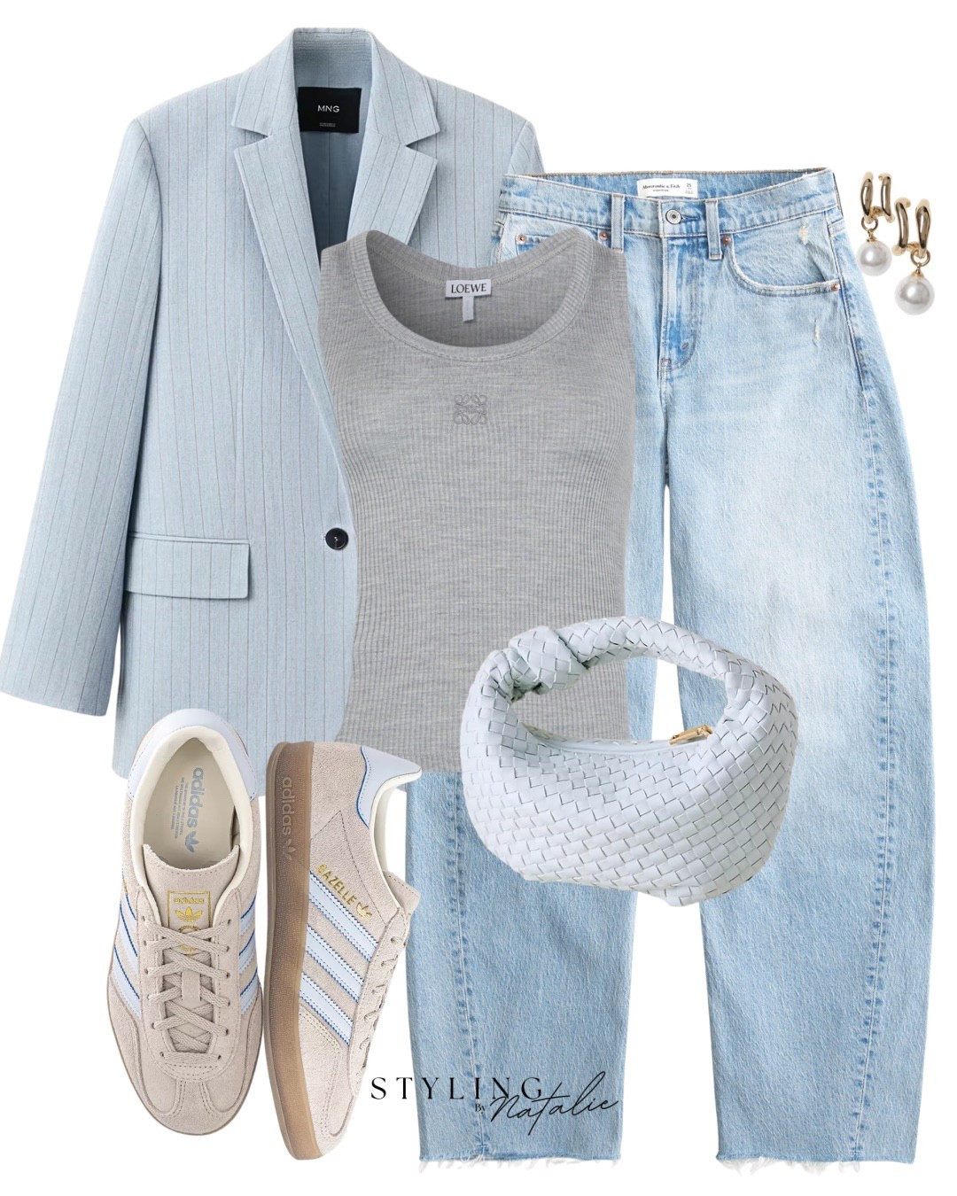 Abercrombie Jeans- Get 20% off with code AFXLTK today only. 

Blue pinstripe blazer, barrel leg jeans, grey Loewe logo tank top, Adidas Gazelle trainers. Blue woven bag, pearl earrings 
Blue outfit, spring fashion, spring outfit 2026 #abercrombie 

#LTKxAFSale #LTKspring #LTKuk
