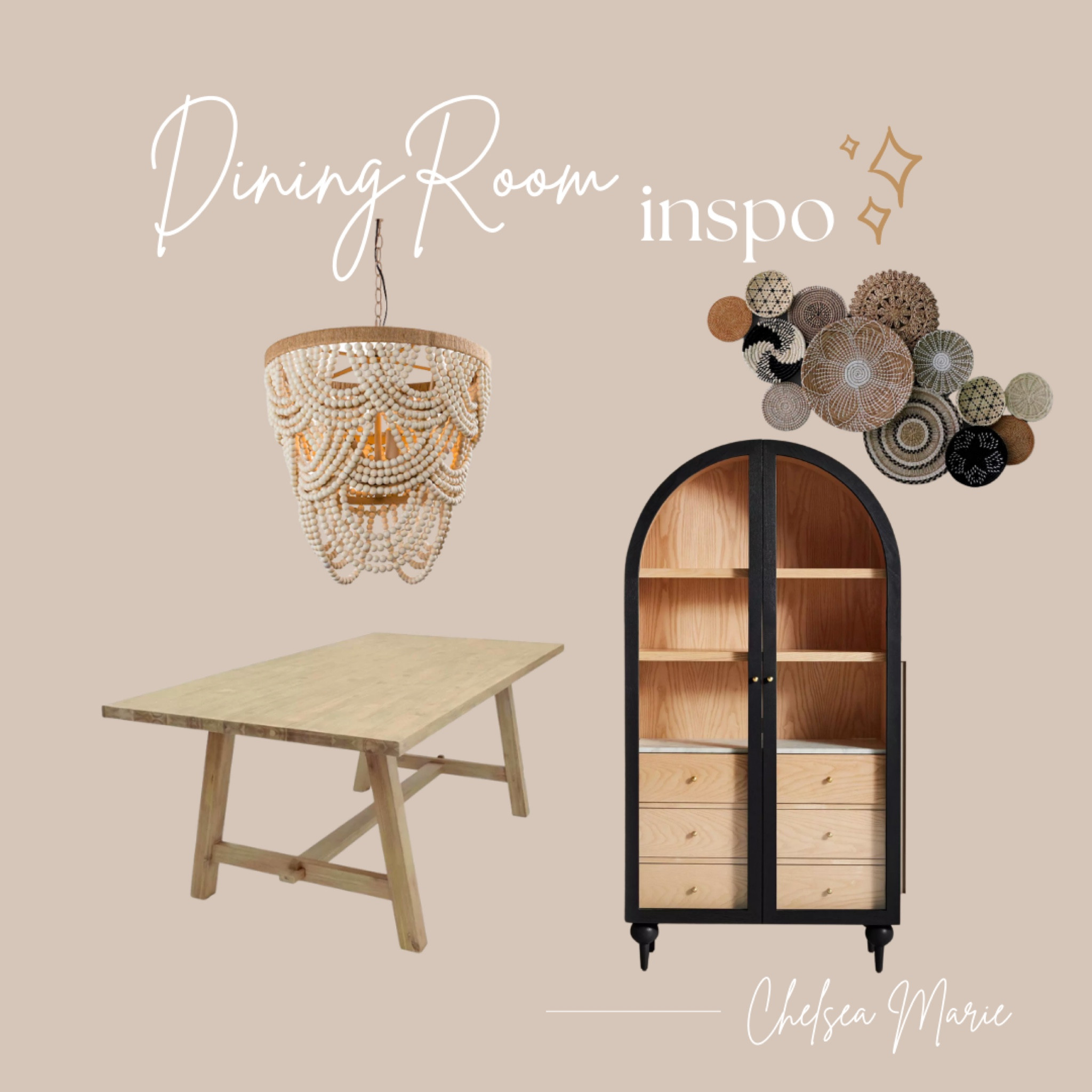 our fave boho dining room pieces: wood bead chandelier, black arched Anthropologie Fern hutch, wall baskets, boho dining room table. 

#LTKhome