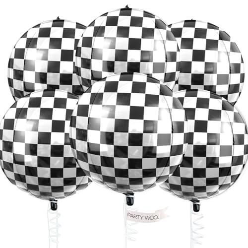 PartyWoo Checkered Balloons, 6 pcs 22 Inch Round Foil Balloons, Giant 4D Foil Black and White Checkered Balloons, Large Mylar Balloons, Balloons for Race Car Birthday Party, Checkered Themed Party | Amazon (US)