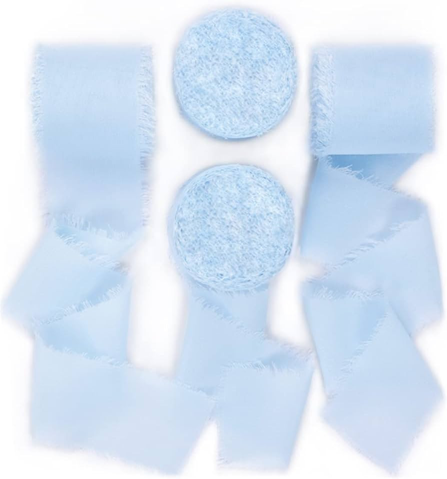 Socomi Baby Blue Handmade Fringe Chiffon Silk Ribbon 1-3/4" x 7Yd 4 Rolls Frayed Ribbons for Wedd... | Amazon (US)