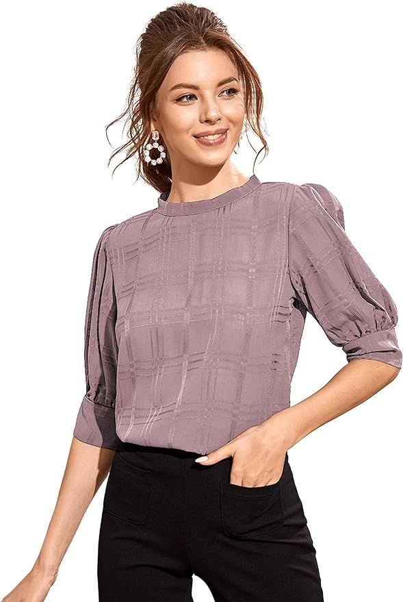 SheIn Women's Grid Office Blouse Work Top Puff Sleeve Shirt | Amazon (US)