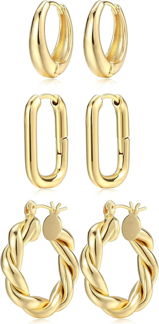 Gold Hoop Earrings for Women, 14K Real Gold Plated Lightweight Chunky Gold Hoops Earrings for Gif... | Amazon (US)