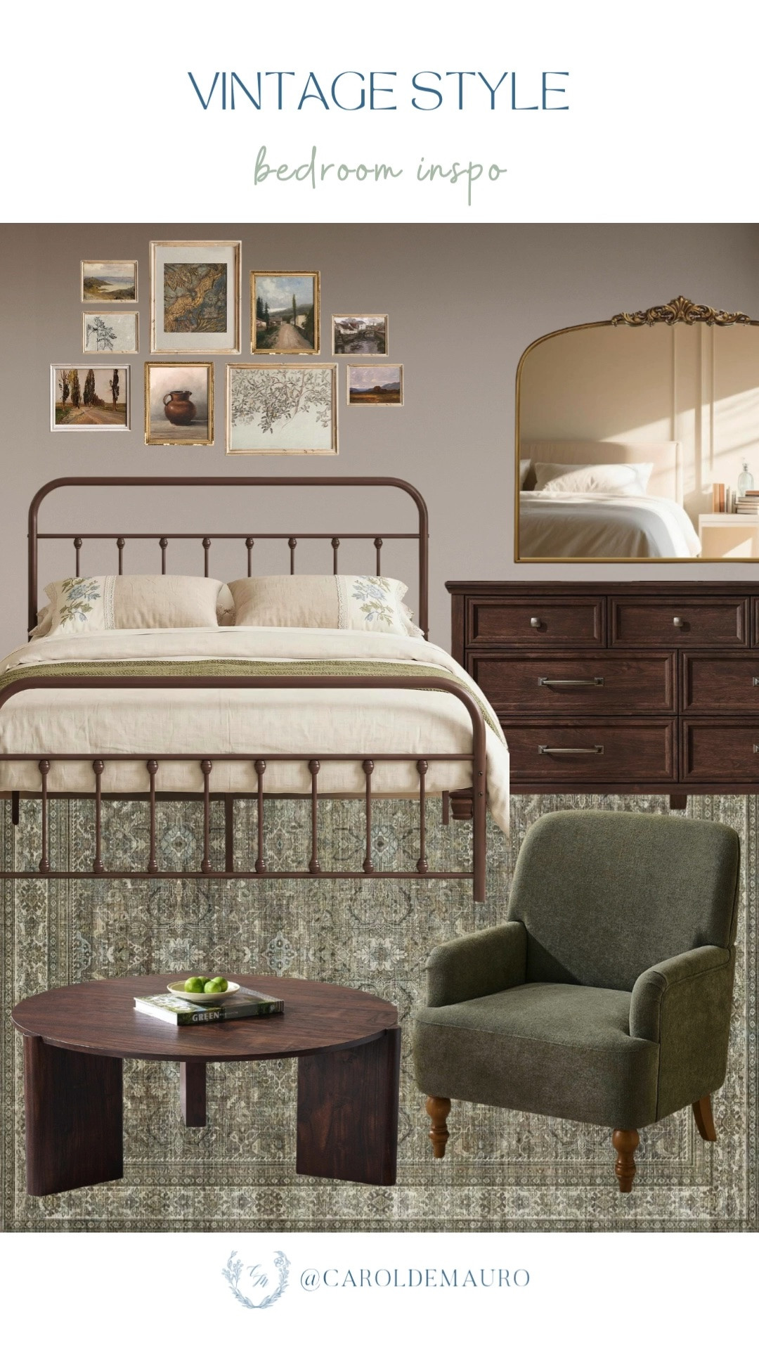 An iron bed frame, gallery wall, and warm wood dresser bring the coziest vintage charm to this bedroom. Timeless pieces that feel collected over time.

vintage bedroom decor, vintage mirror decor, bedroom styling ideas, antique inspired decor, cozy bedroom aesthetic, wood dresser bedroom