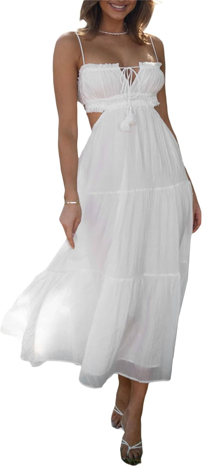Women Summer Casual Maxi Dress Boho Dress Sleevelss Tie up Flowy Dress Cutout Long Dress Vacation... | Amazon (US)