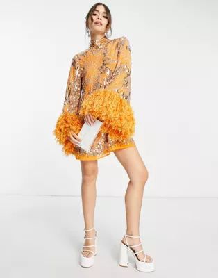 ASOS EDITION floral sequin and bead mini dress with feather cuff in hot orange | ASOS (Global)