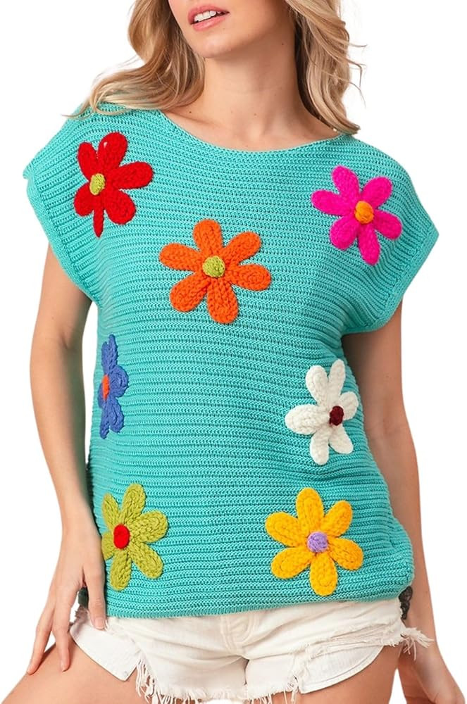 Womens Crochet Flower Embroidery Knit Top Sleeveless Round Neck Knit Sweater | Amazon (US)