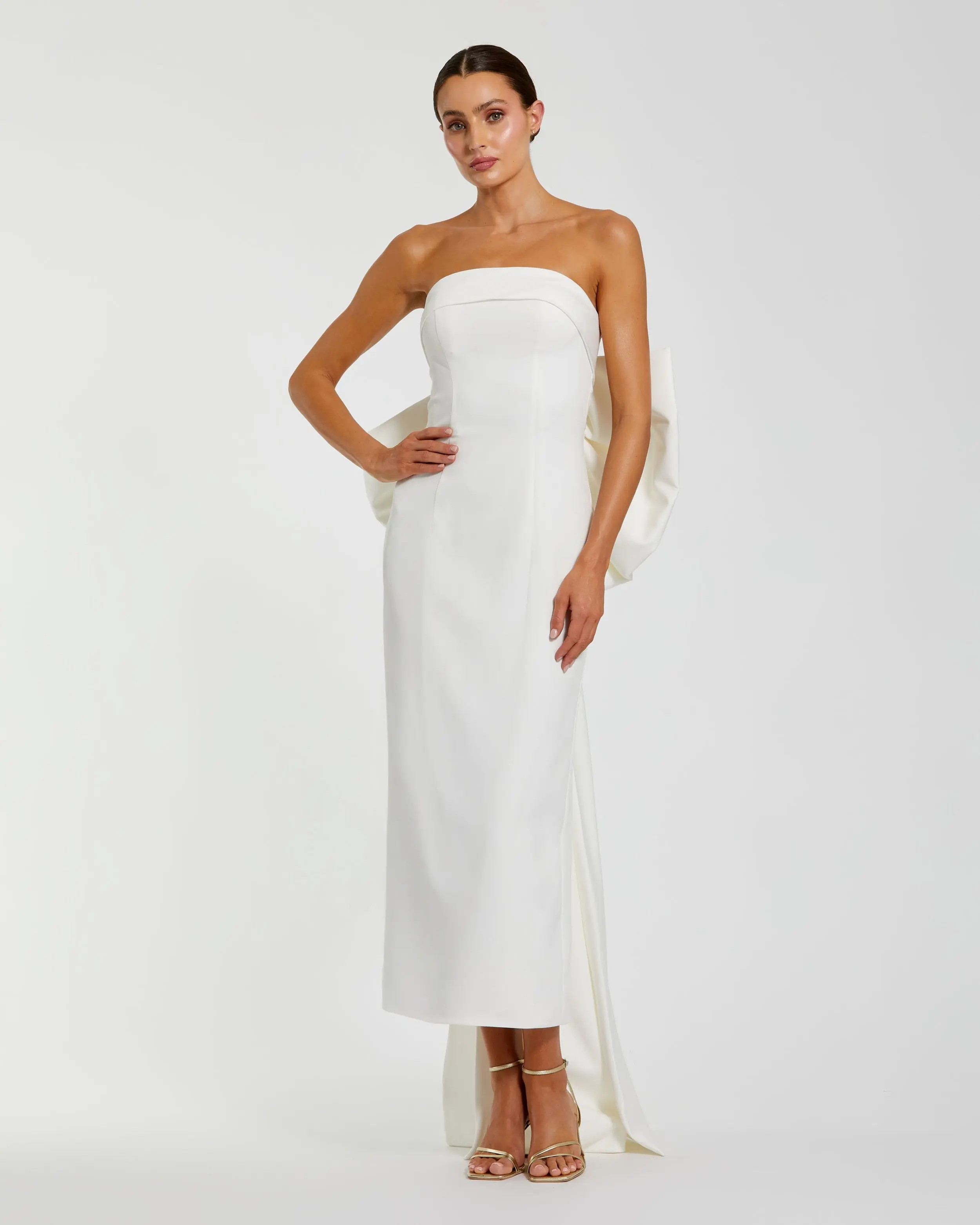 White Strapless Crepe Sheath Dress with Bow | Mac Duggal