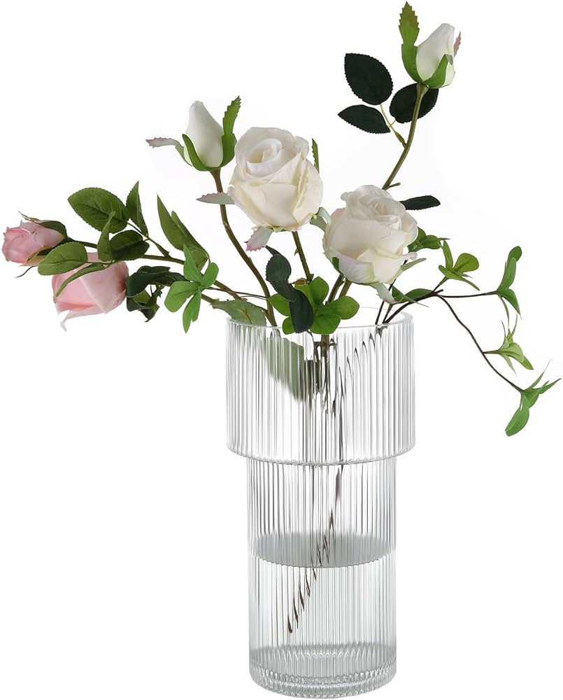 Dinyeo Modern Ribbed Large Cylinder Clear Glass Flower Vase for Centerpieces Decor (11.4" H) | Amazon (US)