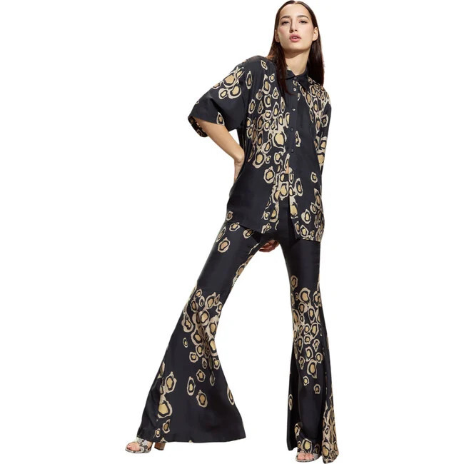 Cynthia Rowley | Amalfi Flare Pant, | Silk (Black Gold, Size Large) | Maisonette | Maisonette