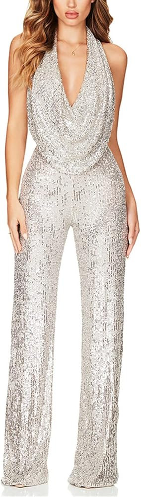 VIVICOLOR Gold Sequin Jumpsuit Sexy Black Party Sparkle Playsuit V Neck Glitter Jumpsuits Size S,M,L | Amazon (US)