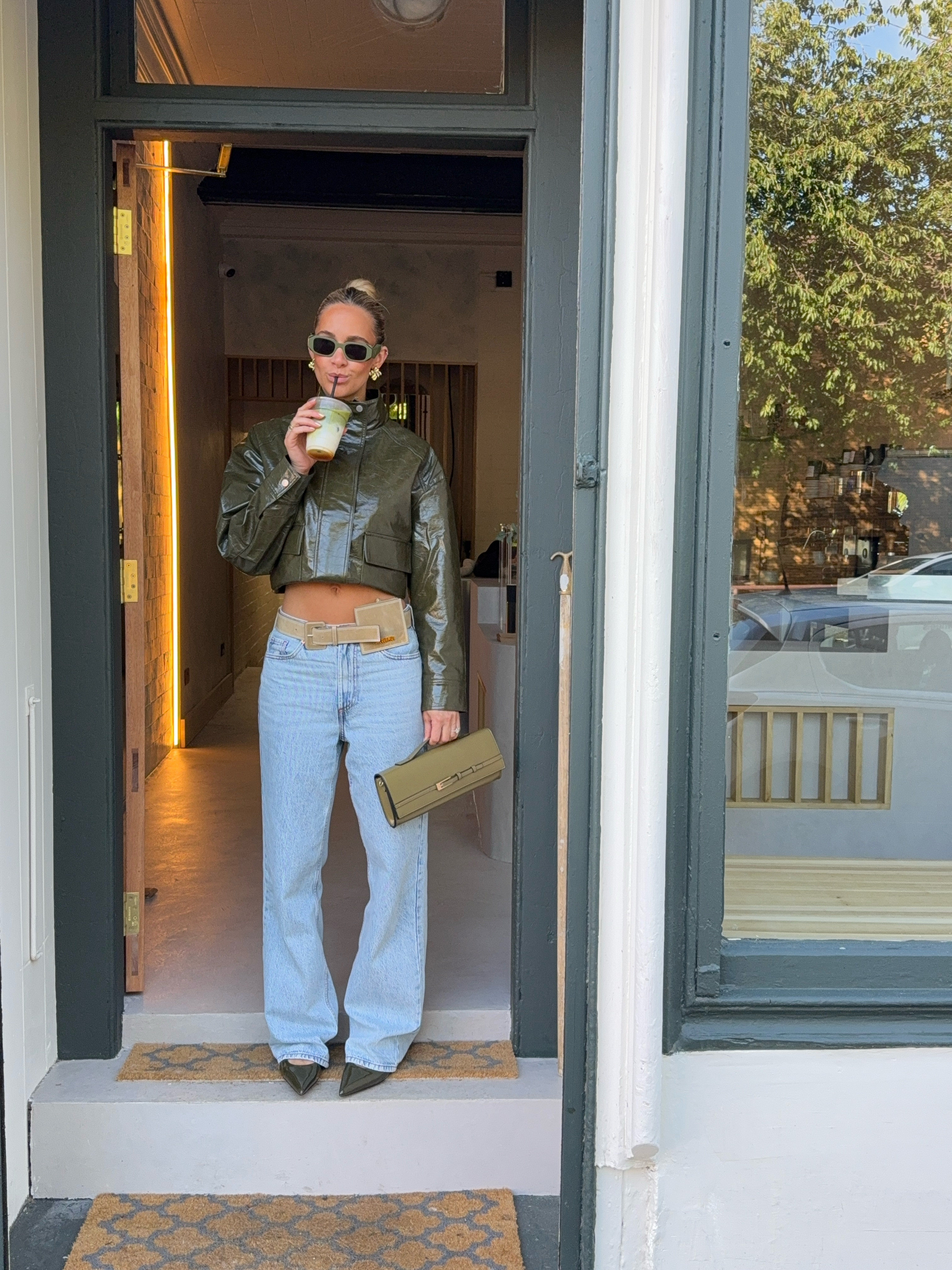 River Island, autumn, transitional outfit, jeans, faux leather jacket, bomber jacket, slingback, clutch bag, Prada sunglasses  

 #LTKuk #LTKautumn #LTKeurope