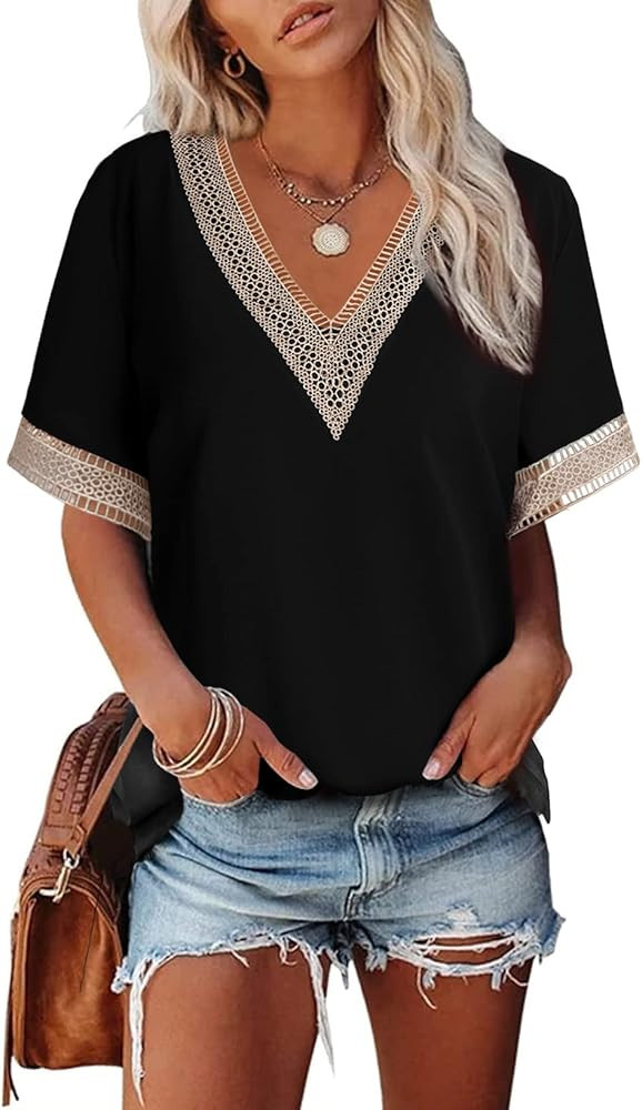EVALESS Womens Short Sleeve Sexy Summer Tops Lace Trim V Neck Blouses for Women Fashion Tops Dres... | Amazon (US)