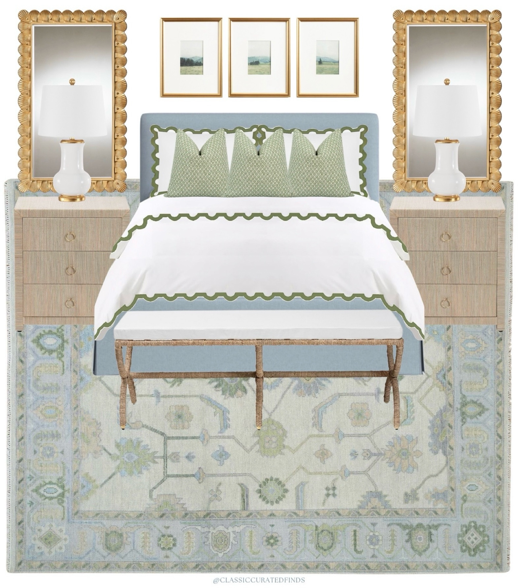 Blue & Green Coastal Grandmillennial bedroom inspo!🩵💚

Home Decor, Bedroom Decor, Oushak Rug, Pillows, Scalloped Bedding, Mirrors, Nightstand, Grasscloth Furniture

#LTKHome