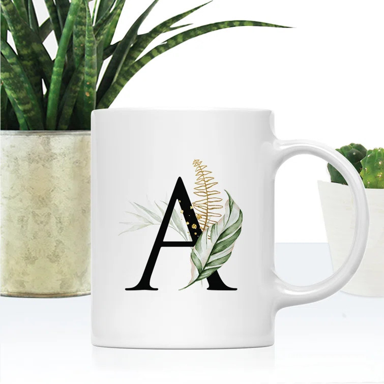 Custom Monogram Initial Coffee Mug Gift Letters A-Z, Tropical Leaf Custom 11Oz Ceramic Coffee Mug... | Wayfair North America