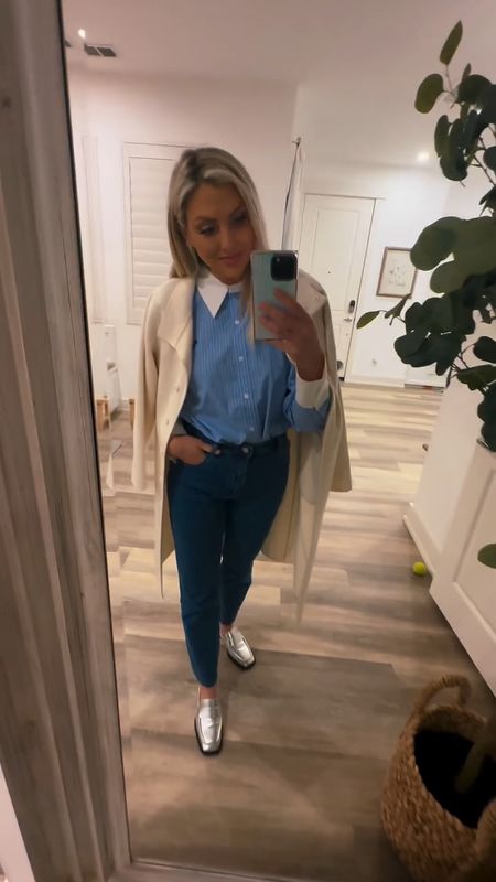 Love this outfit I wore to some of my listing appointments! 💙 Button up striped top is BEVERLY HILLS x REVOLVE  (they also make a super cute matching pleated skirt) - silver loafers are RAYE - hoop earrings are Luv AJ - ear cuff earrings are 8 Other Reasons - dark wash blue jeans are Rolla’s - jacket is Neiman Marcus

#LTKworkwear #LTKshoecrush #LTKstyletip