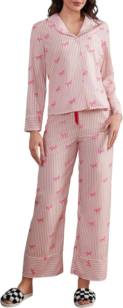 MakeMeChic Women's 2 Piece Pajama Set Bow Striped Long Sleeve Button Down Shirt and Straight Leg ... | Amazon (US)
