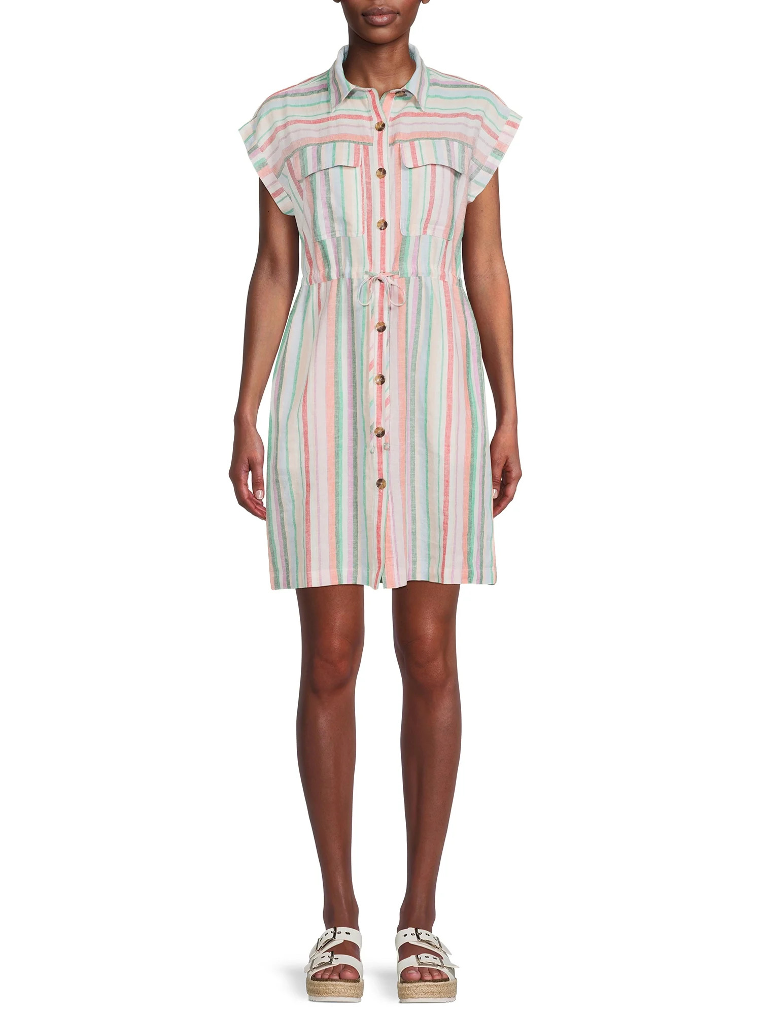 Time And Tru Women's Short Sleeve Woven Cinch Waist Shirt Dress | Walmart (US)