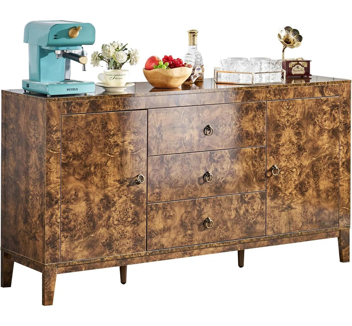 Dorne 60" Modern High Gloss Burl Sideboard with Adjustable Shelves, Brown | Wayfair North America
