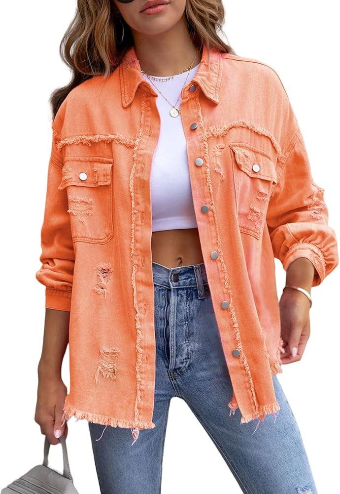 Perbai Womens Oversized Ripped Denim Jacket Frayed Hem Button Front Boyfriend Jean Coat Western S... | Amazon (US)