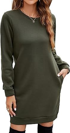 Amazon.com: Miselon Women's Casual Fleece Long Pullover Sweatshirt Dress Long Sleeve Mini Sweater... | Amazon (US)