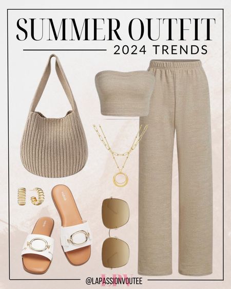 Elevate your summer style game with this chic ensemble! Flaunt a crop tube top and wide-leg pants set for a trendy look. Add personality with hoop earrings, layered necklaces, and stylish sunglasses. Complete the vibe with a crochet tote bag and comfy flat sandals for a perfect day out. ☀️👗👜🕶️

#LTKSeasonal #LTKfindsunder100 #LTKstyletip