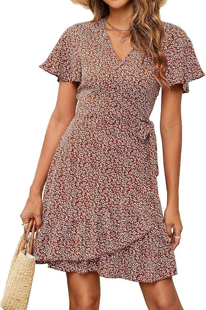 Naggoo Women's Summer Wrap V Neck Polka Dot Print Ruffle Short Sleeve Mini Floral Dress with Belt | Amazon (US)