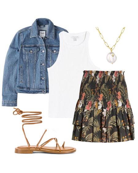 Floral skirt with white racerback tank top lace up strappy sandals and denim jacket with a gold pendant pearl necklace #gorjana #summeroutfit #countryconcertoutfits #floralskirt #whitetanktop #casualsummeroutfits #shopwithme

#LTKOver40 #LTKStyleTip #LTKFindsUnder50
