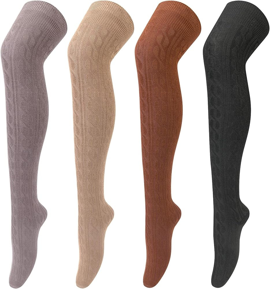 4 Pairs Thigh High Socks for Women Knit Long Over the Knee Socks Knee High Socks Gifts | Amazon (US)