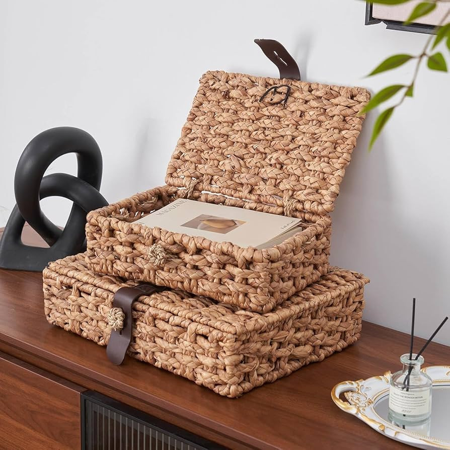 Wicker Storage Basket with Lid, 2-Piece Set Decorative Box with Lid, Water Hyacinth Woven Decorat... | Amazon (US)