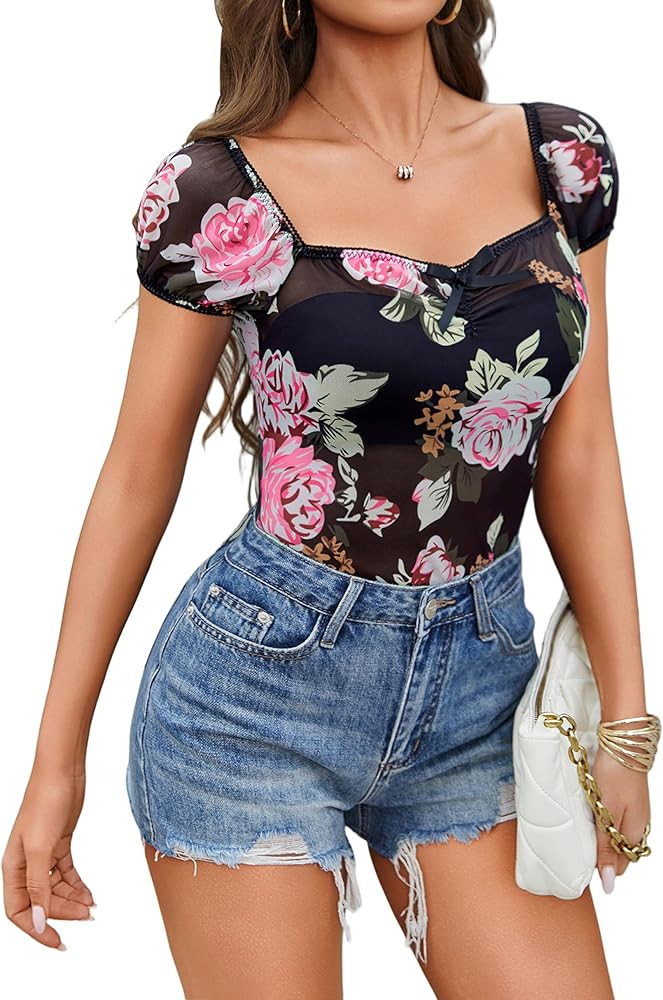 Avidlove Women Sheer Short Sleeve Tops Mesh See Through Shirts Party Club Night Blouse | Amazon (US)