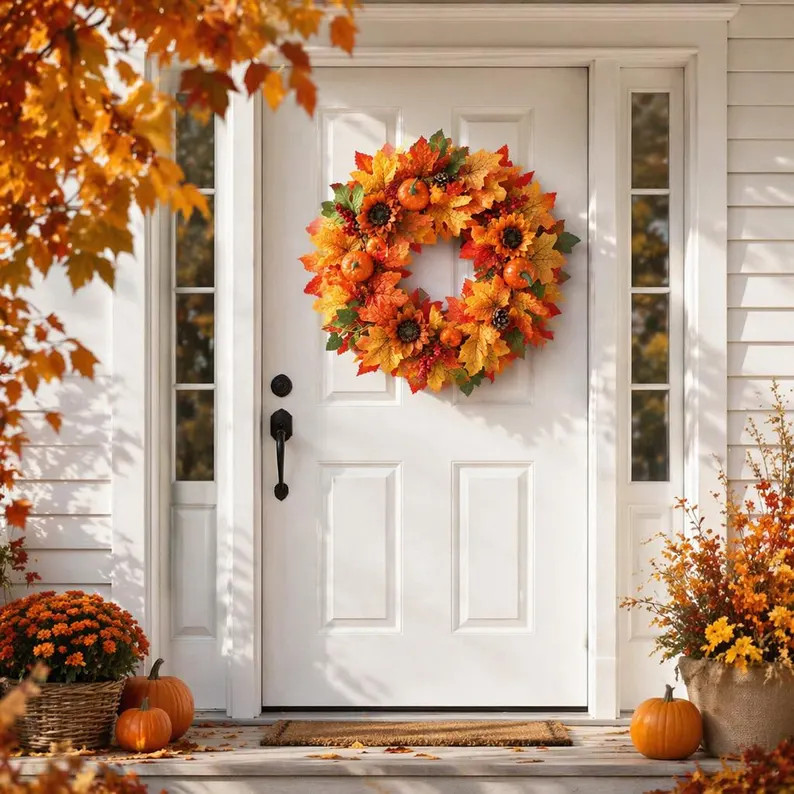 Fall Pumpkin Sunflower Wreath for Front Door, Autumn Faux Maple Leaf Harvest Wreath, Thanksgiving... | Etsy (Global)