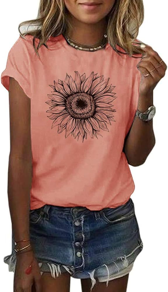Cicy Bell Women's Sunflower T Shirt Summer Short Sleeve Cute Graphic Loose Tees Tops | Amazon (US)