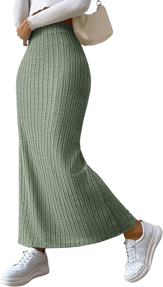 Women's Side Slit Ribbed Knit Bodycon High Waisted Casual Long Skirts | Amazon (US)