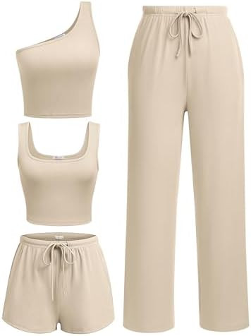 Ekouaer Womens 4 Piece Lounge Sets Ribbed Knit Crop Tank Top and Shorts Pants Casual Outfits | Amazon (US)
