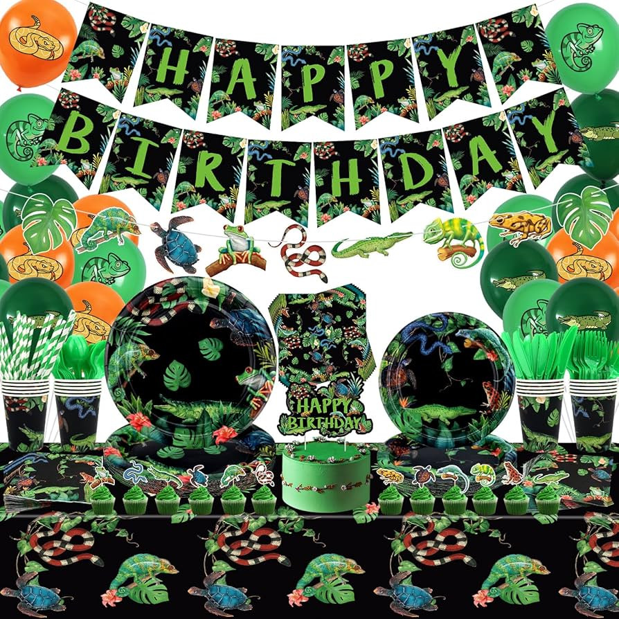 KEFAN Reptile Party Decorations, Wildlife Lizards Snakes Crocodiles Party Tableware Supplies including HAPPY BIRTHDAY Banner, Plates, Cups, Napkins, Tablecloth, Balloons-Serves 20 | Amazon (US)