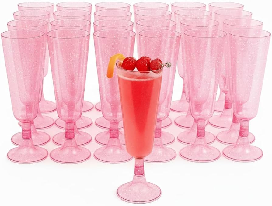 MATANA 50 Glitter Pink Champagne Flutes Plastic Champagne Glasses 5 oz, Reusable Pink Plastic Win... | Amazon (US)