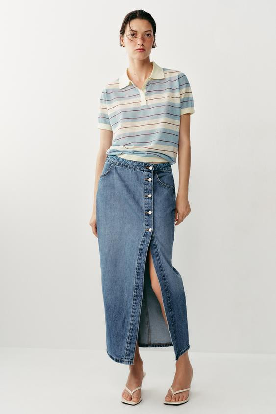 Zara - Striped Knit Polo - Ecru / Blue - L - Woman | Zara AU